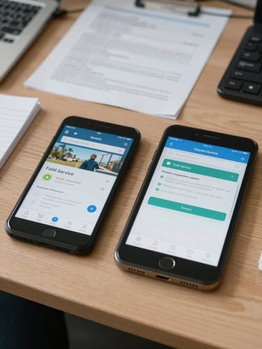 Wide overhead shot of a logistics office desk with two Android devices running field-service apps side by side, technical documentation visible in background, documentary even lighting, no people