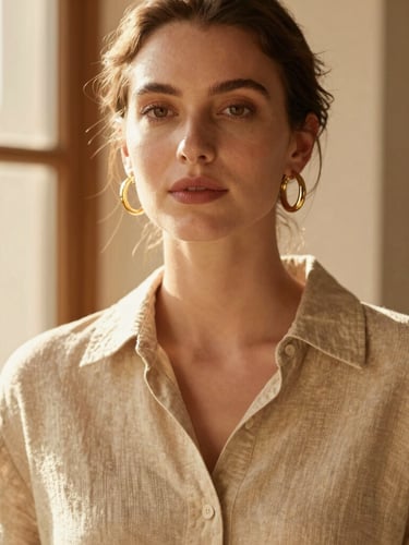 Warm editorial portrait of a woman in a beige linen shirt, wearing elegant gold hoop earrings, soft natural sunlight, shallow depth of field