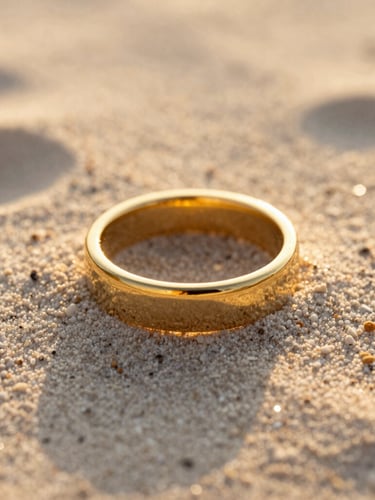 Macro shot of a gold stainless steel textured ring resting on fine white sand, warm golden-hour sunlight casting long soft shadows, 35mm photography