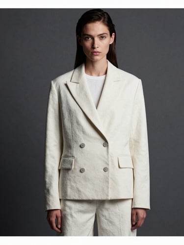 A minimalist fashion editorial photograph, sharp studio lighting, high contrast, model in structured monochrome apparel against a dark grey background, 35mm texture