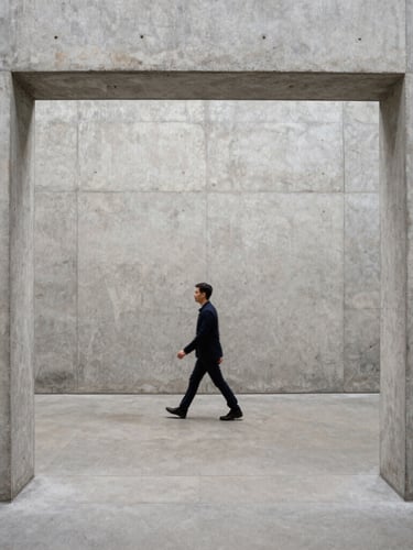 A stark high-contrast vertical documentary photograph, sharp 35mm grain, neutral gallery lighting, a lone figure walking through a concrete architectural space, off-center composition