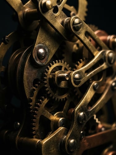 Extreme macro shot of a heavy brass kinetic sculpture, dramatic low-key spotlighting, deep shadows, rich metallic textures, 50mm