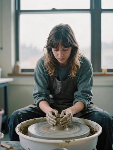 Medium-wide environmental portrait of a Portland artist in their working studio, hands covered in clay, focused on a pottery wheel, soft cool natural light from a large window, 35mm film photography.