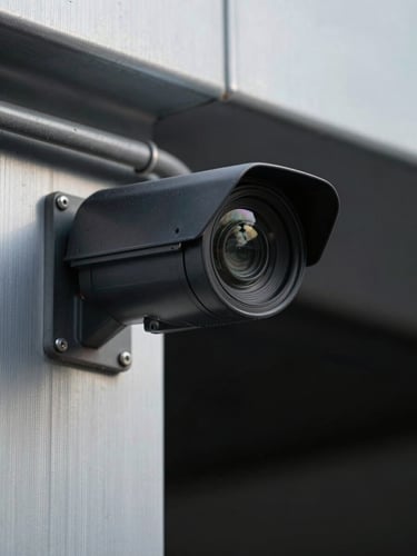 Extreme close-up of a security camera lens mounted on a dark metal housing, conduit running left to right behind it, overcast natural daylight on brushed aluminium surfaces, shallow depth with cable detail visible in foreground, subject placed left third of panoramic frame with dark negative space filling the right half