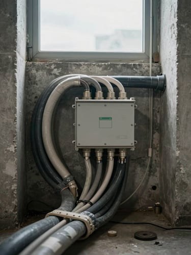 Tightly framed view of conduit runs and cable trays inside a commercial electrical room, bundles of armored cable routed to a junction box, overcast daylight from a high window, unpainted concrete walls