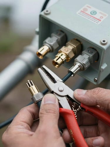 Extreme close-up of weathered hands connecting coaxial cable to a junction box, natural overcast daylight falling on exposed conduit and metal fittings, tight framing showing wire stripper and connector detail
