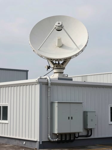 Wide environmental shot of a Starlink dish mounted on a commercial rooftop, conduit running down the exterior wall to an electrical panel, overcast natural light, no people, industrial building perimeter visible
