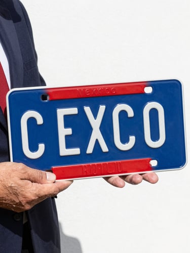 Close-up of a professional hand holding a newly minted Mexican metal license plate, bright clean daylight, deep blue and sharp red accents