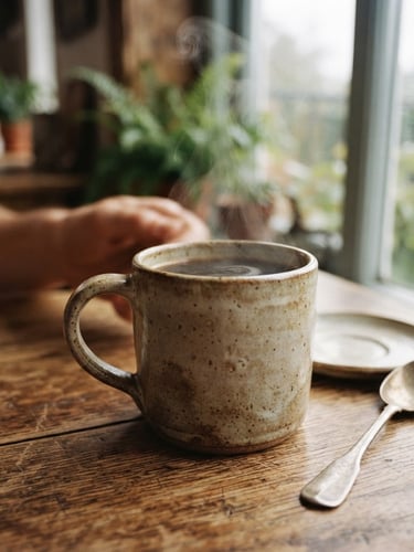 Intimate close-up of a steaming ceramic mug on a wooden table, soft overcast daylight through a window, muted earth tones, 35mm film.