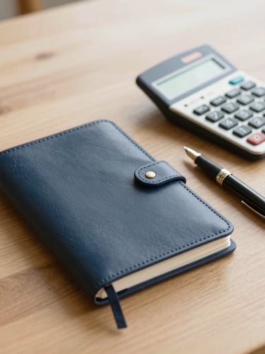 A neat leather notebook open next to a classic calculator and a fountain pen on a warm oak surface, soft daylight, 35mm.