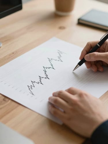 Warm editorial photography of hands analyzing clean financial charts on a wooden desk, soft natural daylight, shallow depth of field, 35mm.