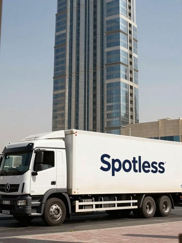 Spotless branded AM Movers truck parked in front of a sleek, modern Abu Dhabi skyscraper during crisp desert daylight, sharp shadows, architectural framing.