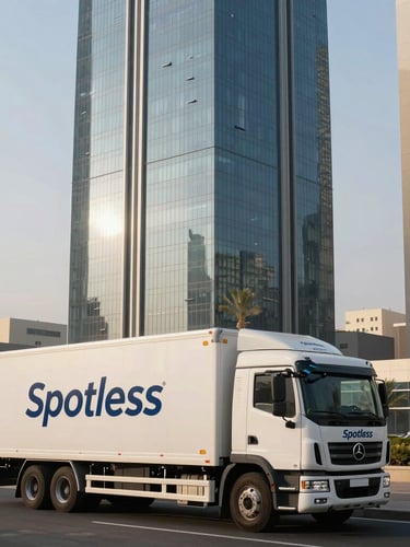 Spotless branded AM Movers truck parked in front of a modern Abu Dhabi glass skyscraper, crisp morning desert light, wide architectural framing showing clean lines.