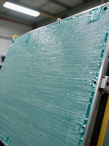 Tight panoramic close-up of an aerospace composite panel surface in an assembly facility, bright overhead industrial strobe lighting revealing the precise layered fiber structure, teal-tinted sensor detail at panel edge suggesting invisible molecular coating presence, no people, no flames, clinical framing emphasizing material precision