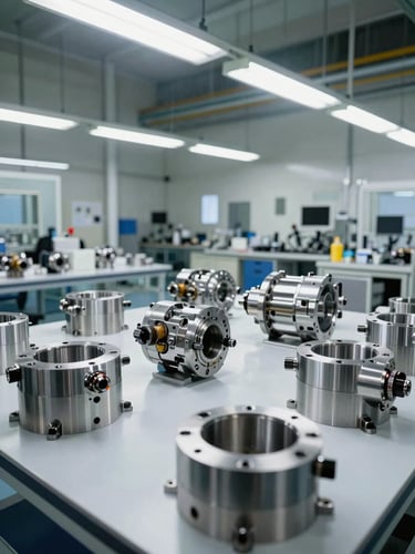 Wide environmental shot of an aerospace component assembly facility interior, bright overhead industrial lighting illuminating precision-machined metal parts on a clean workbench, no people, sterile and controlled atmosphere, cool daylight-balanced light, tight framing on the components