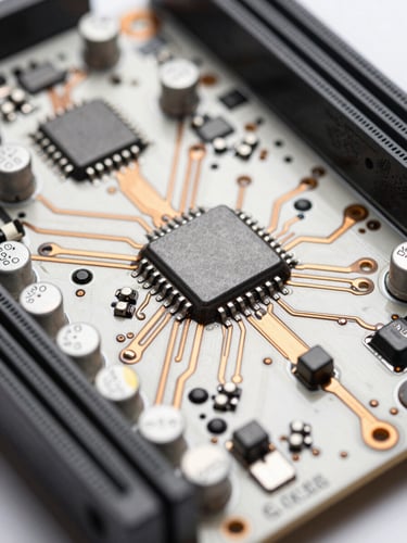Extreme close-up of a server motherboard circuit board under bright studio strobe lighting, copper traces and capacitors in sharp focus, clean white light revealing surface texture and precision manufacturing detail, no text or labels visible