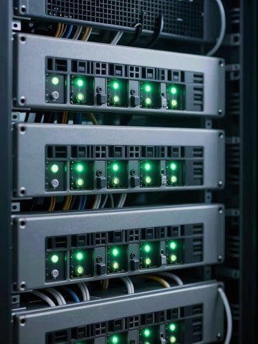 Close-up of pristine server rack cabling with green status lights blinking, clean structured wiring, cool low-key technical lighting.