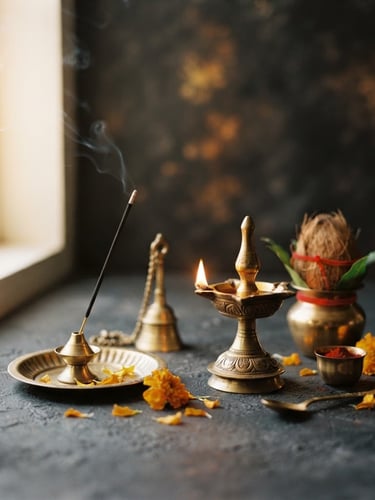 Warm side-lit brass pooja set on a charcoal backdrop, shallow depth of field, natural window light, elegant composition, 35mm