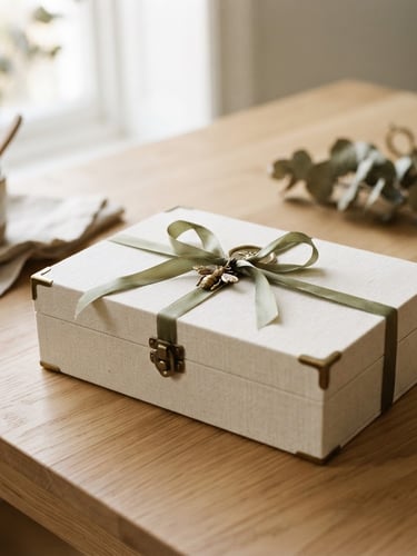 A beautifully styled gift box with brass accents and a delicate ribbon on a minimalist table, soft side-lit window daylight, shallow depth of field, warm editorial product photography.