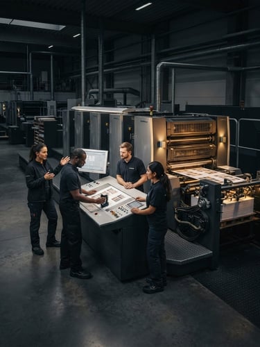 Wide panoramic of a modern, clean printing facility floor, focused on a diverse team of operators collaborating around a large offset printing machine, low-key moody lighting with subtle warm gold highlights, sharp focus.