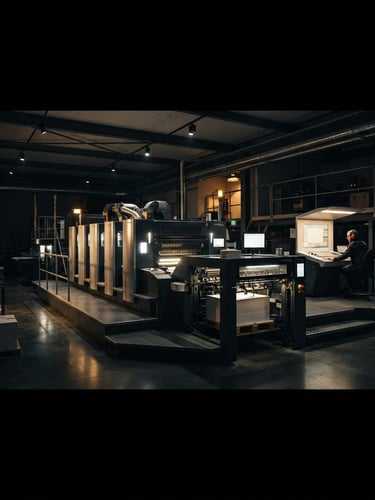 Wide panoramic shot of a modern offset printing facility with high-tech machinery, low-key dramatic industrial lighting, sharp focus, dark overlays, warm gold highlights, 35mm lens, operator monitoring digital console in the background, clean architectural lines.