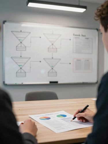 Wide environmental shot of a strategy session — a whiteboard covered in campaign funnel diagrams in the background, a person's hand pointing at a printed analytics report on a conference table, bright studio work-light overhead, no faces visible