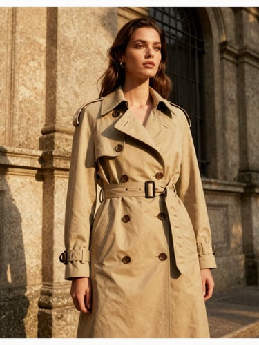 Warm editorial fashion photography of a woman in a structured vintage trench coat standing near historic stone architecture in São Paulo, golden-hour natural light, soft shadows, 35mm film grain