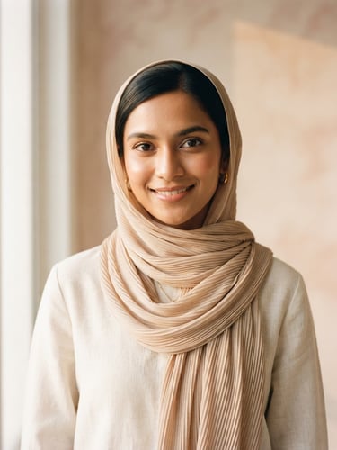 Medium-close editorial portrait of a modern Malaysian woman wearing a delicate, sand-beige pleated silk scarf, warm diffused golden-hour window light, soft shadows, minimalist plaster background.