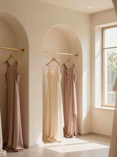 An elegant, minimalist boutique interior in Ampang, featuring soft cream arches, warm lighting, and beautifully draped fabrics.