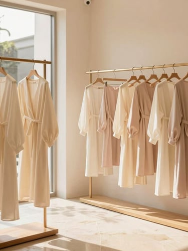 Boutique interior of a high-end fashion showroom in Ampang, featuring minimalist clothing racks with flowing cream garments, warm wood accents, and natural sunlight streaming onto polished stone floors.