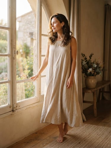 Warm editorial photography of a woman wearing a flowing beige linen dress, standing gracefully by a sunlit window with soft golden-hour shadows, 35mm.