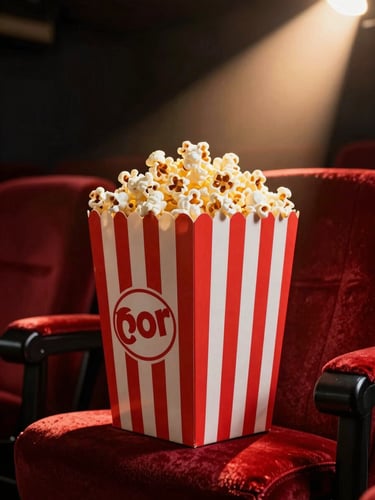 A retro red-striped popcorn box overflowing with fresh gourmet popcorn, sitting on a velvet theater seat, dramatic warm projector beam light, 35mm film look.