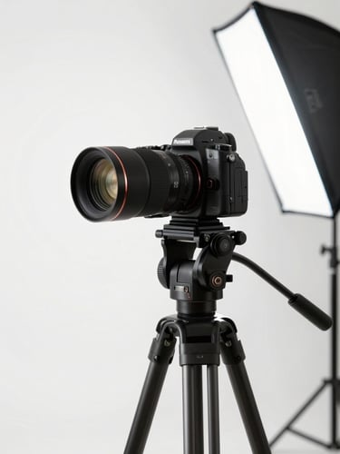 High-key studio lighting setup with a professional camera on a tripod, soft shadows, and crisp rose gold accents in a clean white space.