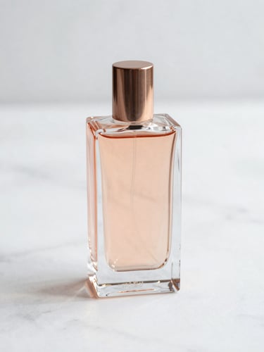 A high-key studio photograph of a minimalist rose gold perfume bottle on a pristine white marble surface, soft diffused lighting, sharp focus on glass texture.