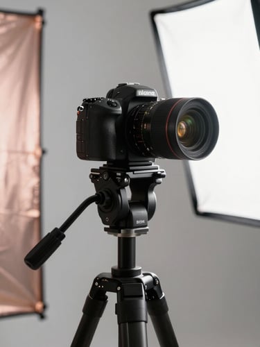 A crisp, high-key studio setup with a professional camera on a tripod, softbox diffuser casting a soft glow, and subtle rose gold reflective panels in the background, editorial style.