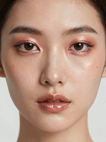 Extreme close-up of high-fashion model crop, soft lighting reflecting off rose gold makeup accents, clean studio background.