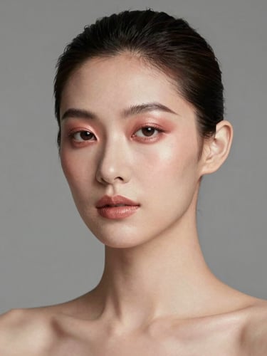 A sharp, high-key studio portrait of a model with soft rose gold makeup, clean lighting, minimalist composition, neutral gray background, editorial crop.