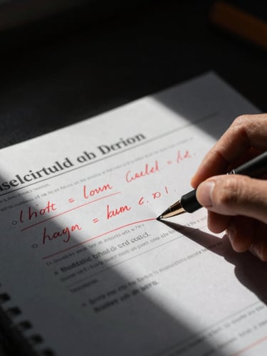 Tight macro-focused shot of a physical copy draft marked up with red pen edits, high-contrast directional window light, deep shadows, desaturated tones with orange accents, 50mm lens