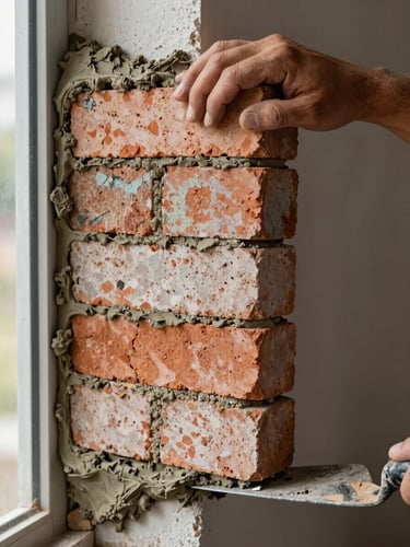 Close-up of a craftsman's hands pressing a reclaimed brick tile into fresh mortar on a wall, natural daylight from the left, trowel edge visible at the bottom right, mortar texture and brick grain in sharp focus