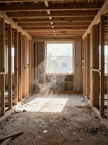 Wide interior shot of a gutted room mid-renovation — exposed structural framing and subfloor visible, natural daylight pouring through an unfinished window opening, dust motes in the air, no staging, no workers present