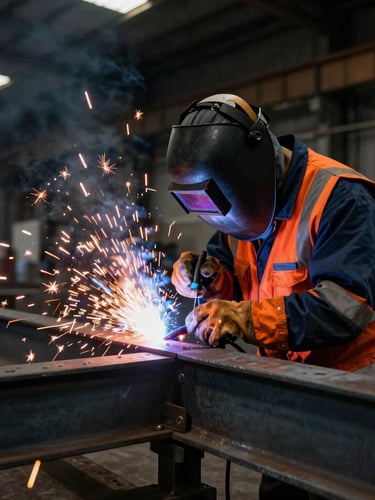 A certified welder in complete PPE, including a heavy welding helmet and reflective safety jacket, working on structural steel with bright orange sparks flying in a dark industrial fabrication shop.