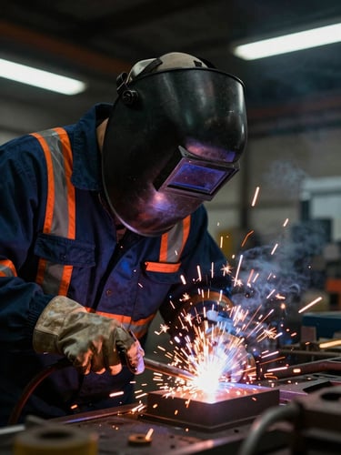 Dramatic close-up of an industrial welder in a dark fabrication shop, bright orange sparks flying, complete PPE with reflective safety jacket and heavy welding helmet, high-contrast structural lighting.