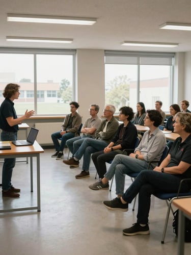 Wide shot from the left side of a bright classroom, a facilitator standing at an open laptop on a desk, gesturing toward the screen, mixed-age group of adults seated in a semicircle paying close attention, overhead fluorescent and daylight from tall windows, natural documentary framing, no dramatic lighting