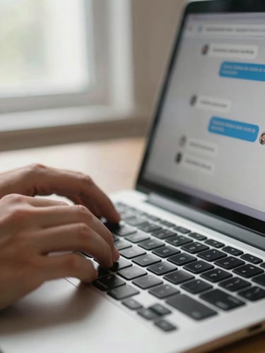 Close-up of hands on a laptop keyboard in a bright home setting, a chat interface visible on screen showing a flagged message, natural window light from the left, shallow focus on the fingers and screen