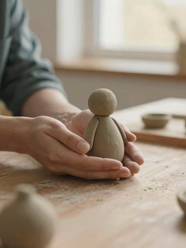 Close-up of therapist hands gently holding clay figures on a wooden table, soft natural golden hour light, muted earthy tones, shallow depth of field