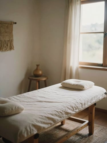 Soft-lit empty therapy room in Juchitán with natural wood textures, warm woven textiles, diffused morning window light, warm editorial photography