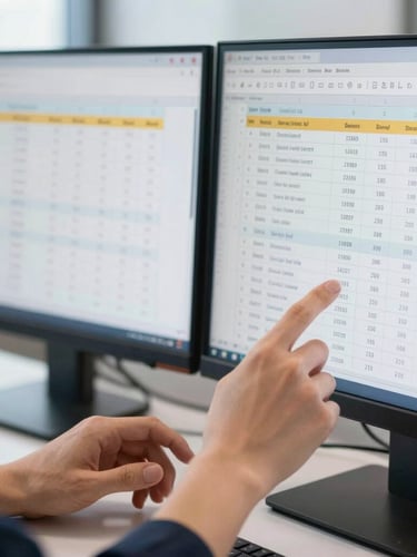 Close-up of clean hands analyzing complex balance sheets on dual monitors in a bright modern office, sharp focus, editorial corporate style