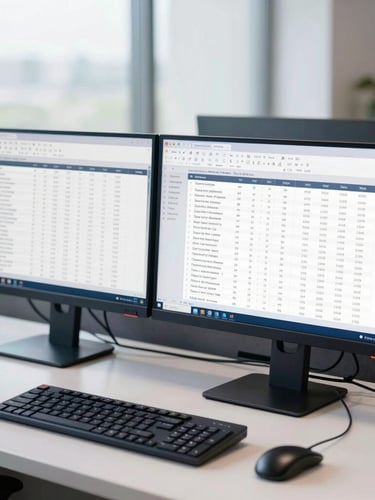 A clean, modern corporate office desk with dual monitors displaying structured financial statements, soft natural daylight, deep navy accents, sharp focus, 35mm