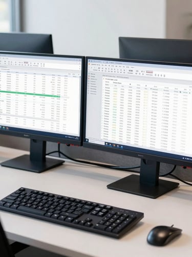 Crisp natural office light, a modern corporate desk with dual monitors displaying financial spreadsheets, deep navy accents, sharp focus, 35mm