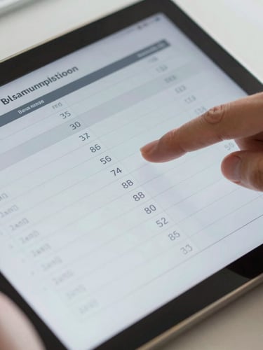Macro close-up of hands reviewing complex balance sheets on a tablet screen, structured architectural lines in the background, cool studio lighting, 35mm
